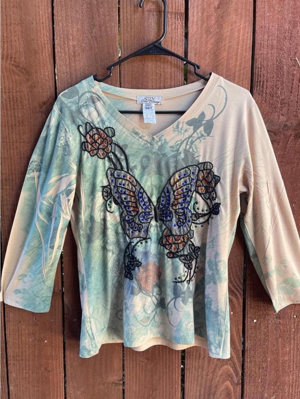 Y2K Spy Zone Exchange Fairycore Butterly Whimsy Sequin 3/4 Sleeve Top Sz M